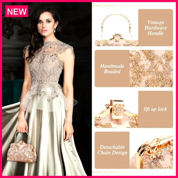 Vintage Beaded Sequin Clutch Evening Bag for Formal Wedding Prom